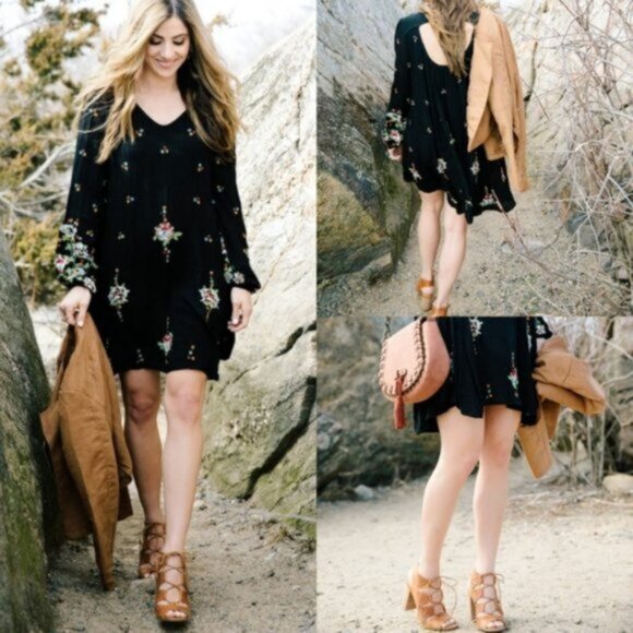 Free People Oxford Black Embroidered Swing Dress Floral size XS Oversized Boho - Picture 6 of 16